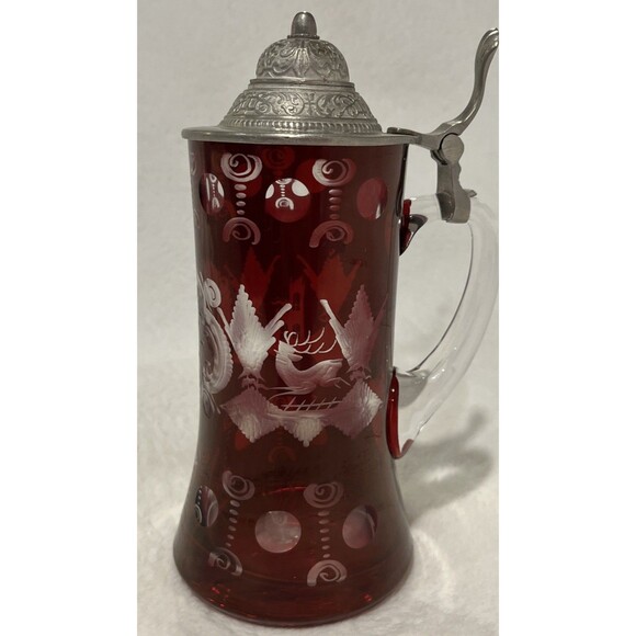 Egermann Bohemian Ruby Cut Glass Stein Pewter Lid Beer Tankard Deer Stag Czech - Picture 1 of 13